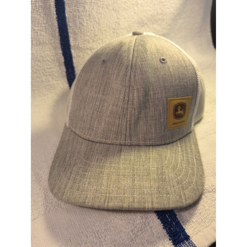 John Deere Trucker Hat Gray Snapback Mesh Cap Faux Leather Patch Deer Under Brim